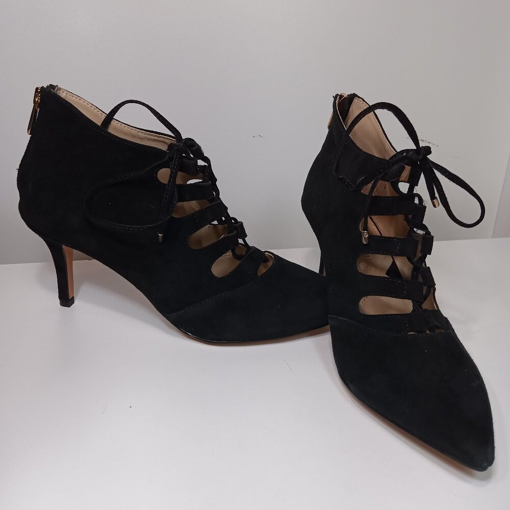 Adrienne Vittadini Black Lace Up Bootie Heels, Size 7 1/2 {CH}